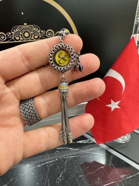 Sarı Mineli Üç Hilal Model 925 Ayar Gümüş Püskül