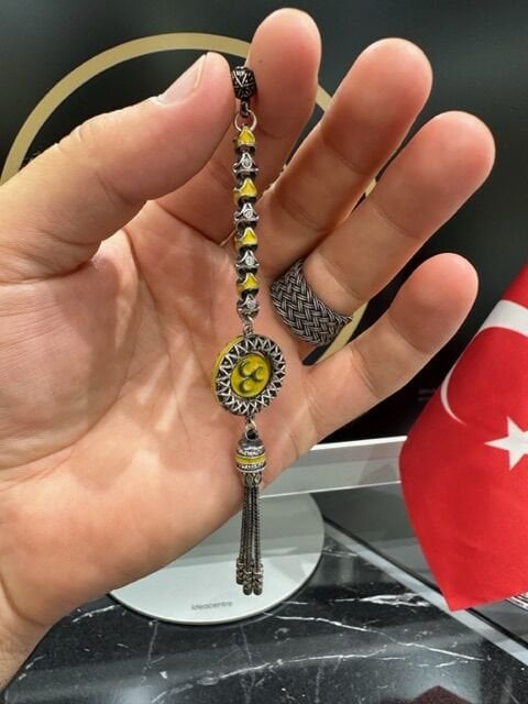 Sarı Mineli Üç Hilal Model 925 Ayar Gümüş Püskül