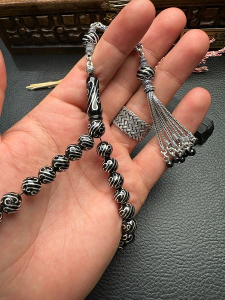 Küre Model Gümüş İşlemeli Erzurum Oltu Taşı Tesbih