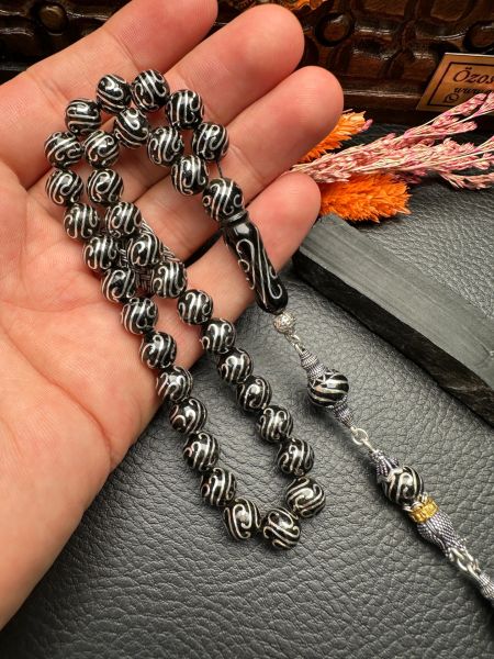 Küre Model Gümüş İşlemeli Erzurum Oltu Taşı Tesbih