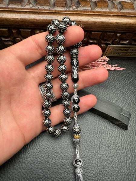 Küre Model Gümüş İşlemeli Erzurum Oltu Taşı Tesbih