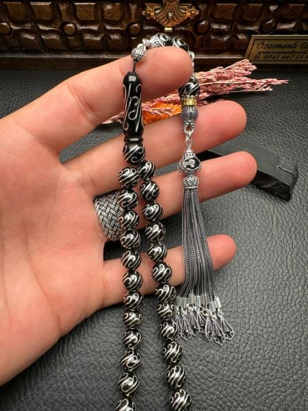 Küre Model Gümüş İşlemeli Erzurum Oltu Taşı Tesbih