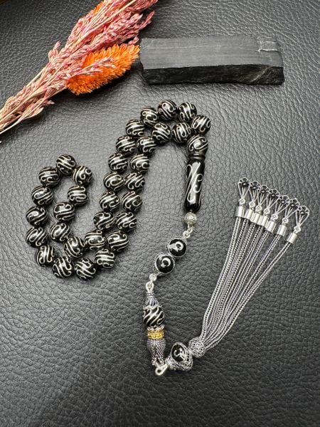 Küre Model Gümüş İşlemeli Erzurum Oltu Taşı Tesbih