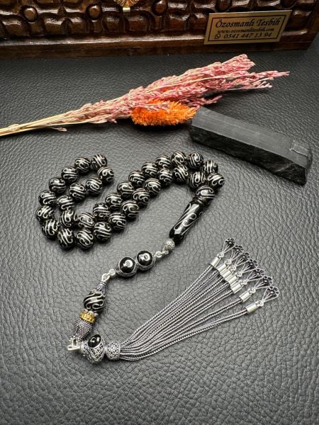 Küre Model Gümüş İşlemeli Erzurum Oltu Taşı Tesbih