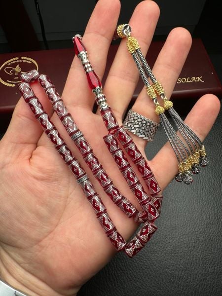 Kesme Model Gümüş İşlemeli Ateş Kehribar Tesbih