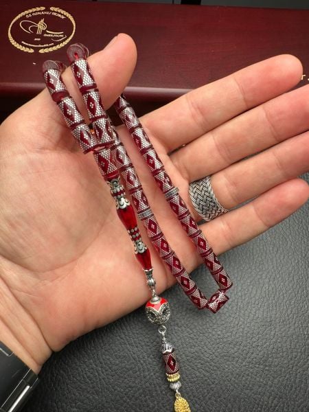 Kesme Model Gümüş İşlemeli Ateş Kehribar Tesbih