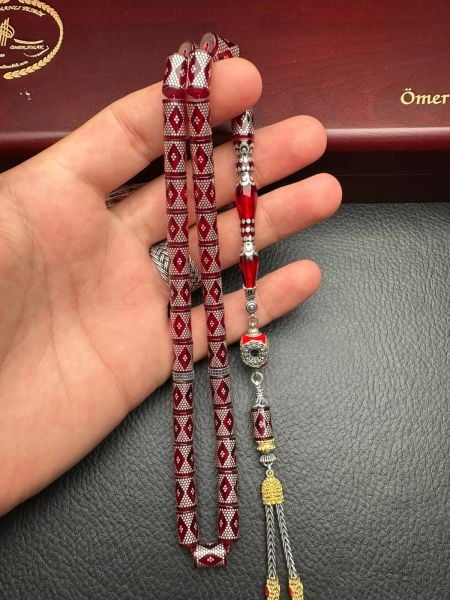 Kesme Model Gümüş İşlemeli Ateş Kehribar Tesbih