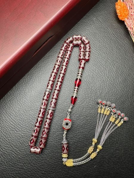 Kesme Model Gümüş İşlemeli Ateş Kehribar Tesbih