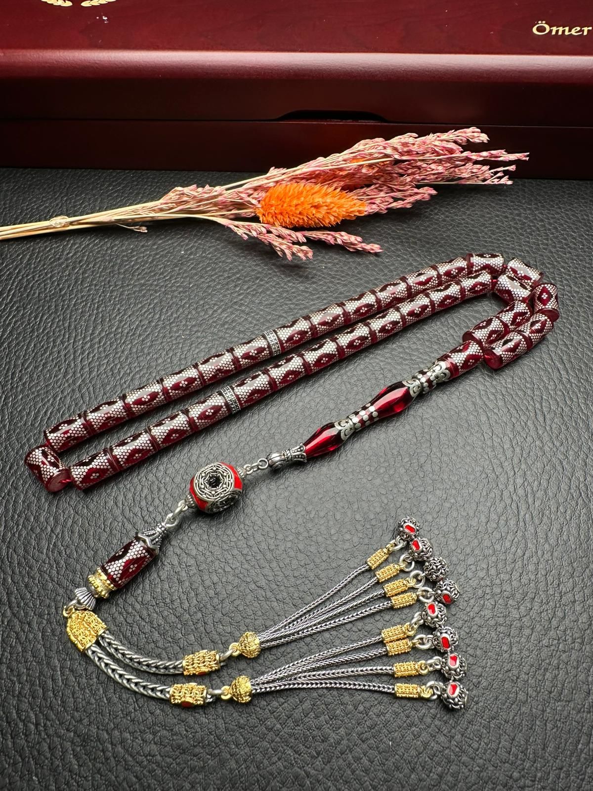 Kesme Model Gümüş İşlemeli Ateş Kehribar Tesbih