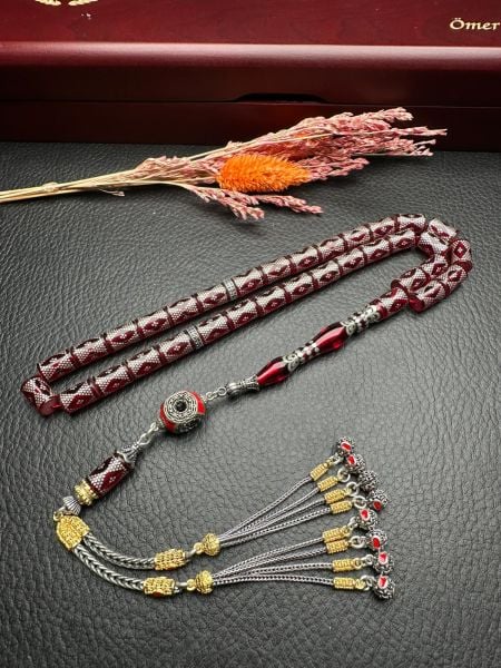 Kesme Model Gümüş İşlemeli Ateş Kehribar Tesbih