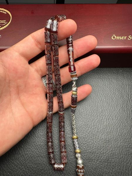 Kesme Model Gümüş İşlemeli Ateş Kehribar Tesbih