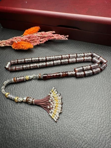 Kesme Model Gümüş İşlemeli Ateş Kehribar Tesbih