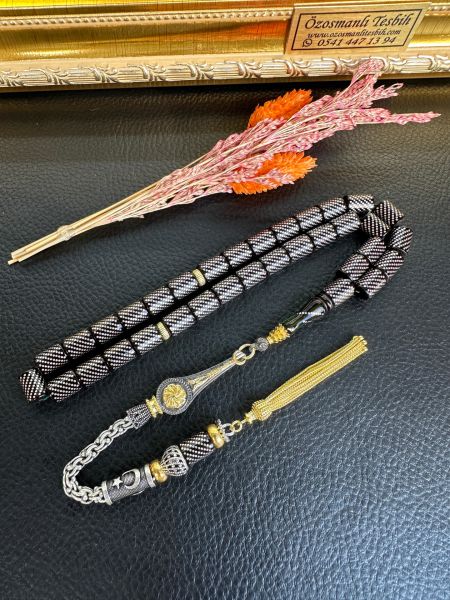 Kesme Model Gümüş İşlemeli Ateş Kehribar Tesbih