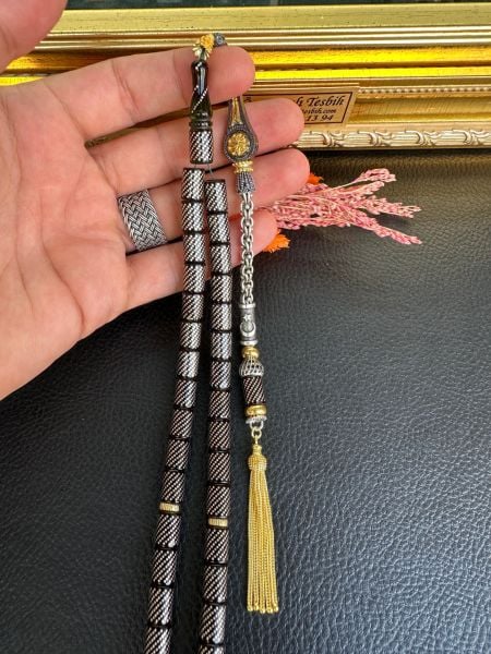 Kesme Model Gümüş İşlemeli Ateş Kehribar Tesbih