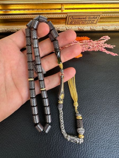 Kesme Model Gümüş İşlemeli Ateş Kehribar Tesbih