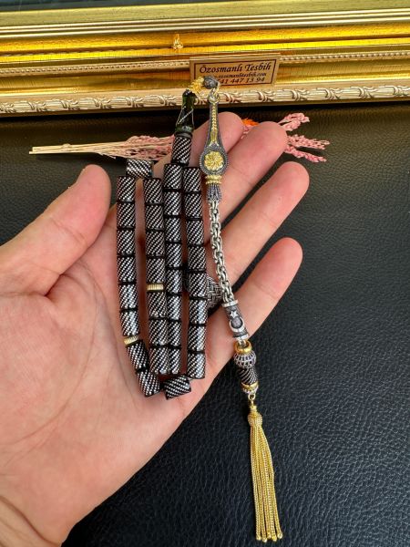 Kesme Model Gümüş İşlemeli Ateş Kehribar Tesbih