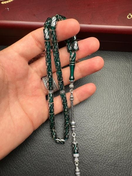 Kesme Model Gümüş İşlemeli Ateş Kehribar Tesbih