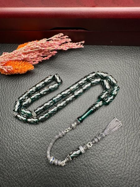 Kesme Model Gümüş İşlemeli Ateş Kehribar Tesbih