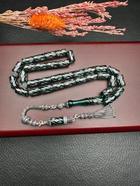 Kesme Model Gümüş İşlemeli Ateş Kehribar Tesbih