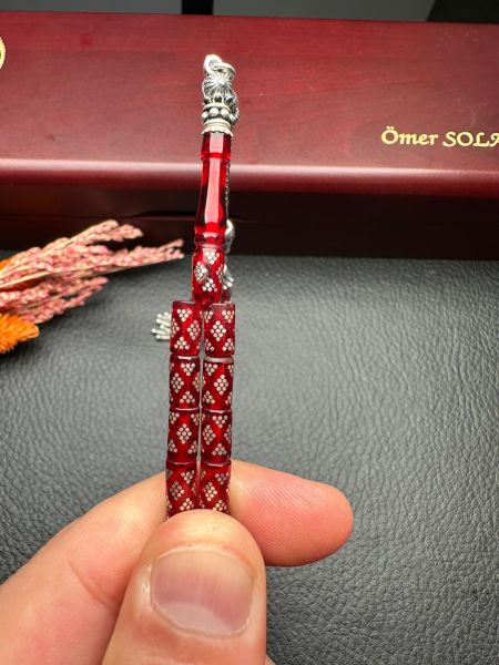 Kesme Model Gümüş İşlemeli Ateş Kehribar Tesbih