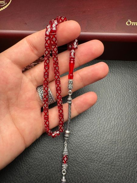 Kesme Model Gümüş İşlemeli Ateş Kehribar Tesbih