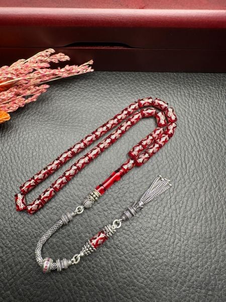 Kesme Model Gümüş İşlemeli Ateş Kehribar Tesbih