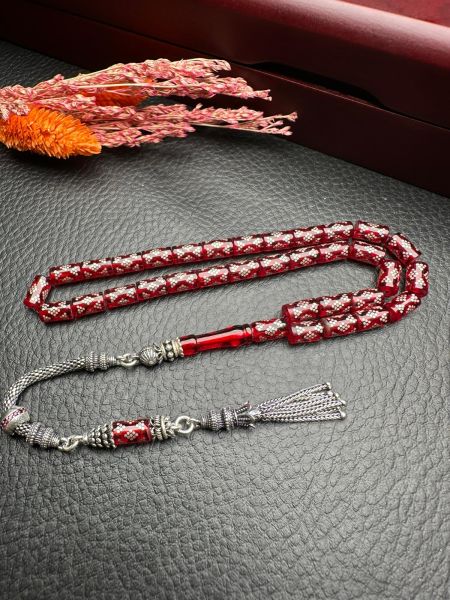 Kesme Model Gümüş İşlemeli Ateş Kehribar Tesbih