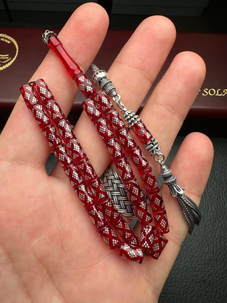 Kesme Model Gümüş İşlemeli Ateş Kehribar Tesbih