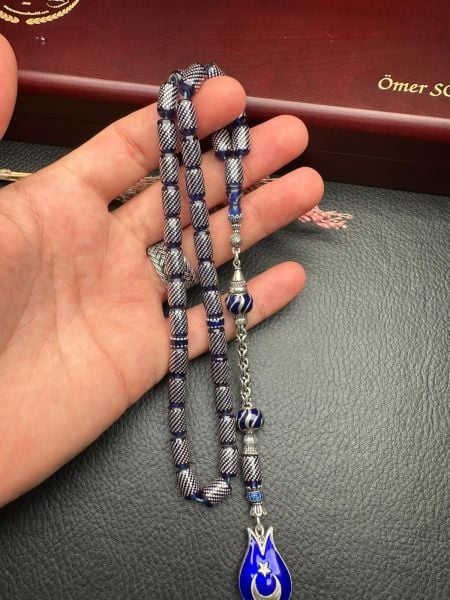 Kesme Model Gümüş İşlemeli Ateş Kehribar Tesbih