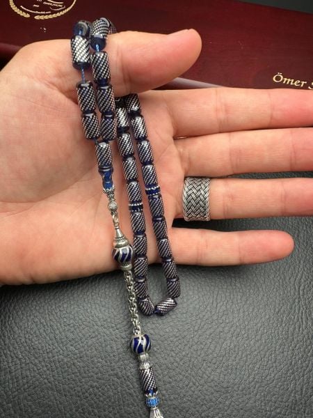 Kesme Model Gümüş İşlemeli Ateş Kehribar Tesbih