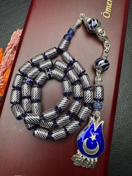 Kesme Model Gümüş İşlemeli Ateş Kehribar Tesbih