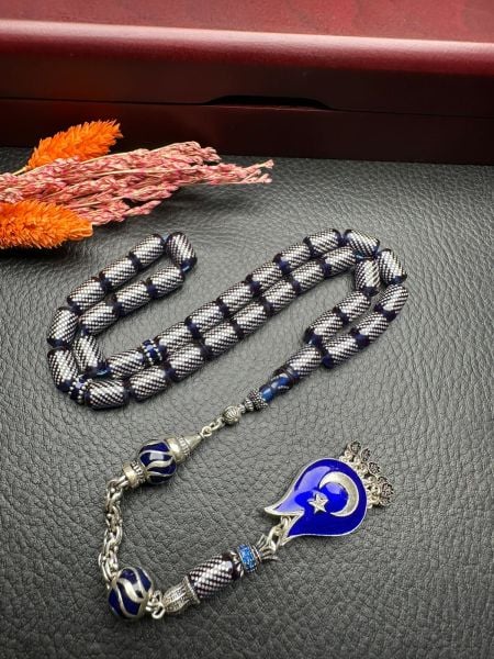 Kesme Model Gümüş İşlemeli Ateş Kehribar Tesbih