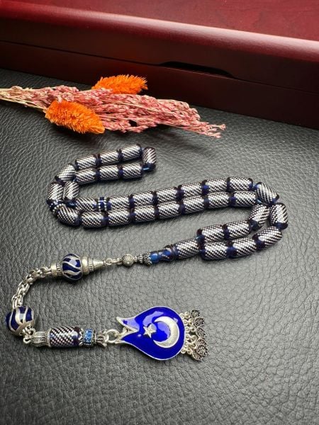 Kesme Model Gümüş İşlemeli Ateş Kehribar Tesbih