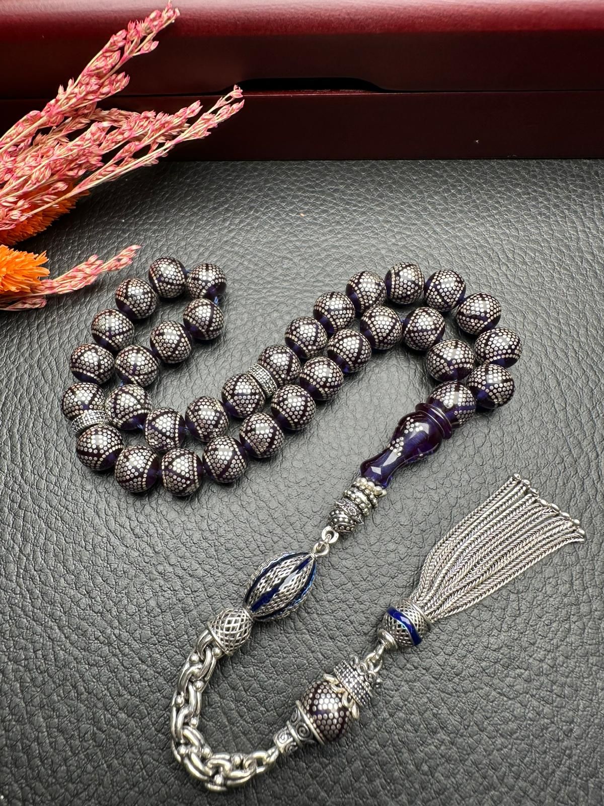 Küre Model Gümüş İşlemeli Ateş Kehribar Tesbih