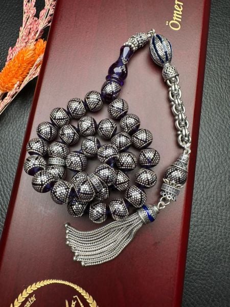 Küre Model Gümüş İşlemeli Ateş Kehribar Tesbih