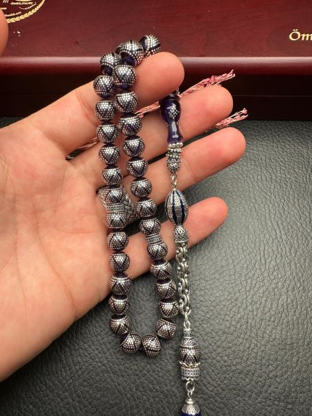 Küre Model Gümüş İşlemeli Ateş Kehribar Tesbih