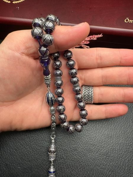 Küre Model Gümüş İşlemeli Ateş Kehribar Tesbih