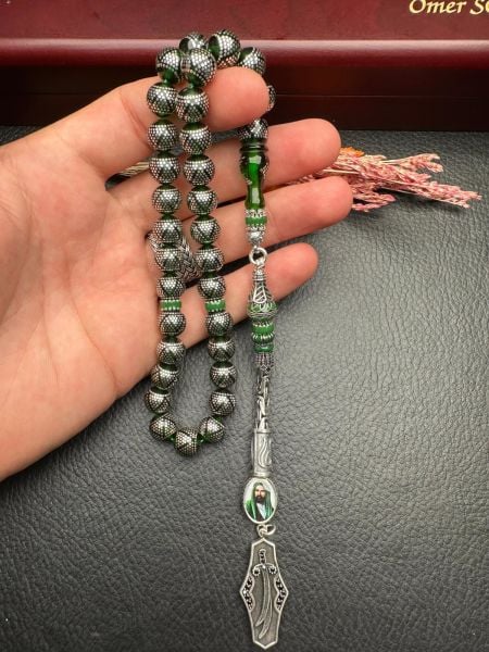 Küre Model Gümüş İşlemeli Ateş Kehribar Tesbih