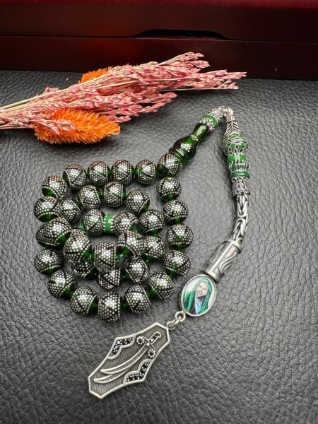 Küre Model Gümüş İşlemeli Ateş Kehribar Tesbih