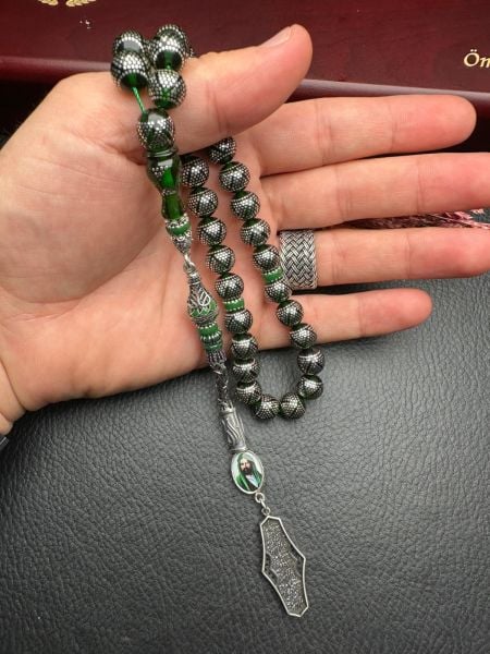 Küre Model Gümüş İşlemeli Ateş Kehribar Tesbih