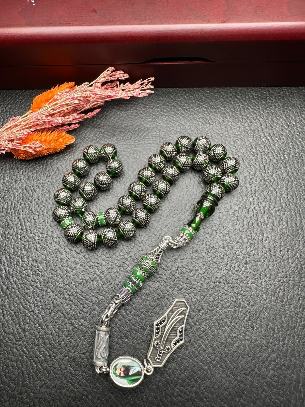 Küre Model Gümüş İşlemeli Ateş Kehribar Tesbih