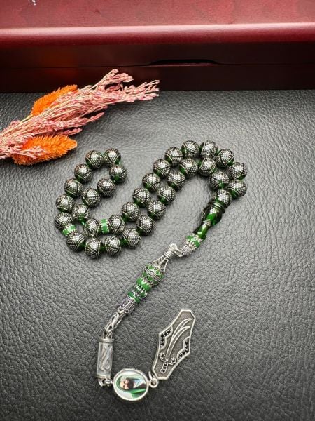 Küre Model Gümüş İşlemeli Ateş Kehribar Tesbih