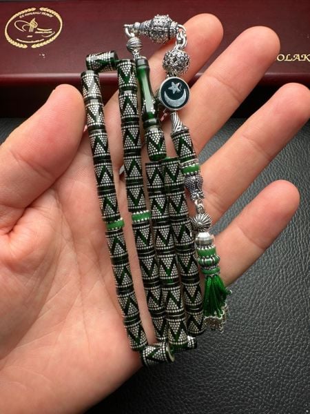 Kesme Model Gümüş İşlemeli  Ateş Kehribar Tesbih