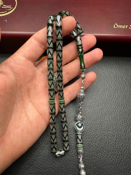 Kesme Model Gümüş İşlemeli  Ateş Kehribar Tesbih