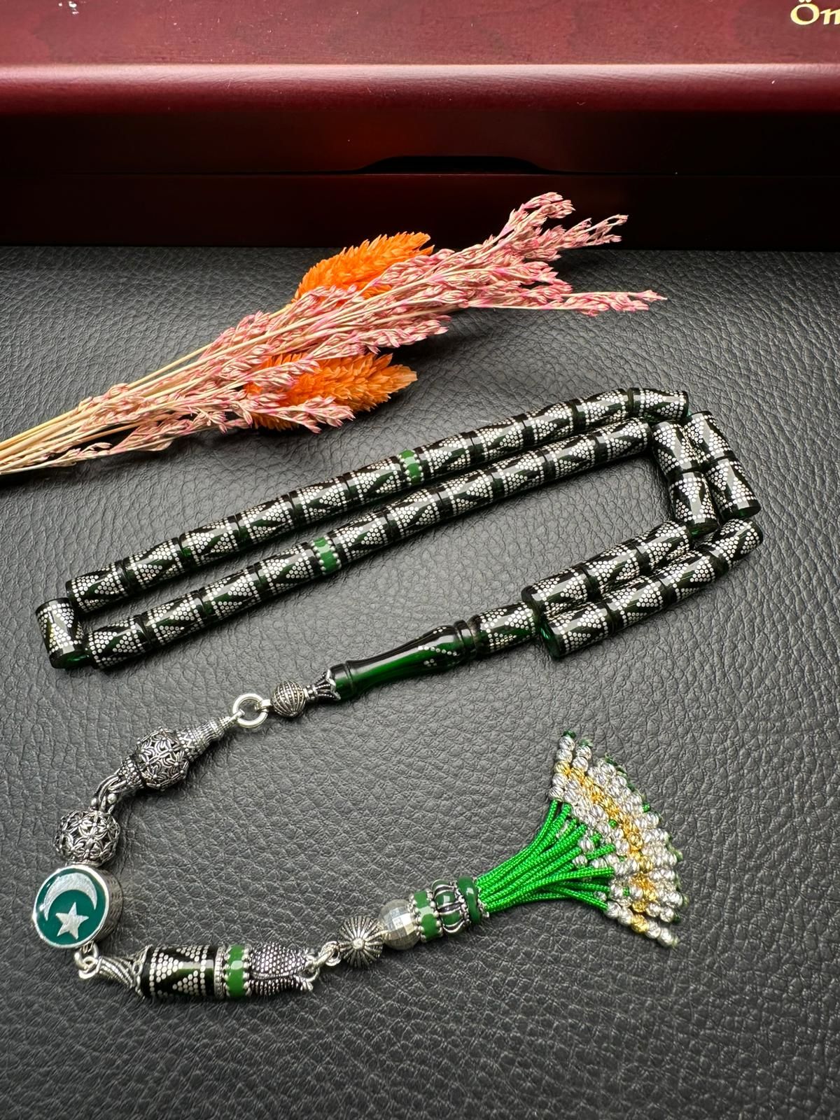 Kesme Model Gümüş İşlemeli  Ateş Kehribar Tesbih