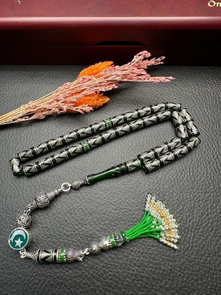 Kesme Model Gümüş İşlemeli  Ateş Kehribar Tesbih