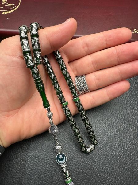 Kesme Model Gümüş İşlemeli  Ateş Kehribar Tesbih