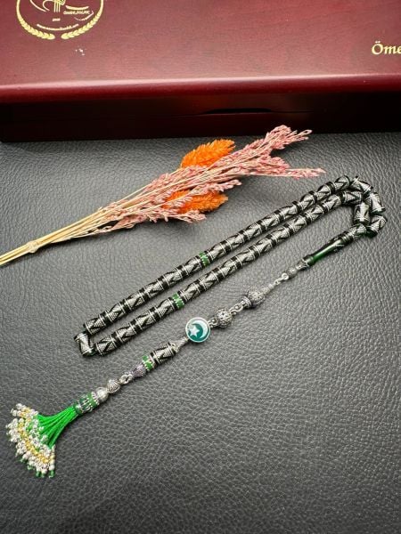 Kesme Model Gümüş İşlemeli  Ateş Kehribar Tesbih