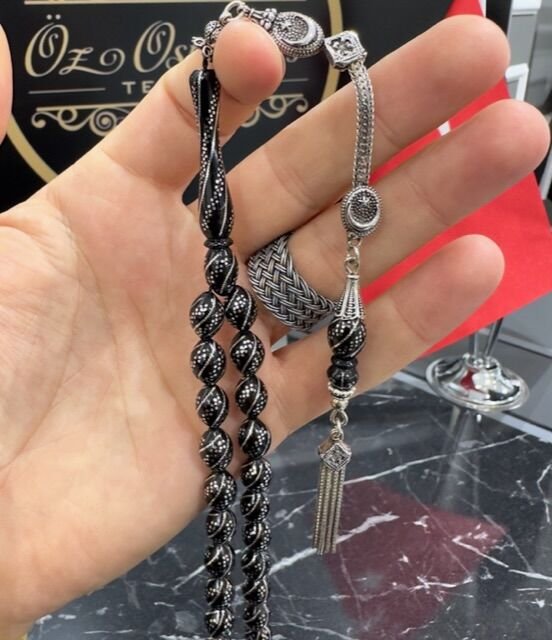 Beyzi Model 925 Ayar Gümüş İşlemeli Siyah Kuka Tesbih