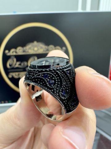 Faseta Model Siyah 925 Ayar Gümüş Erkek Yüzük